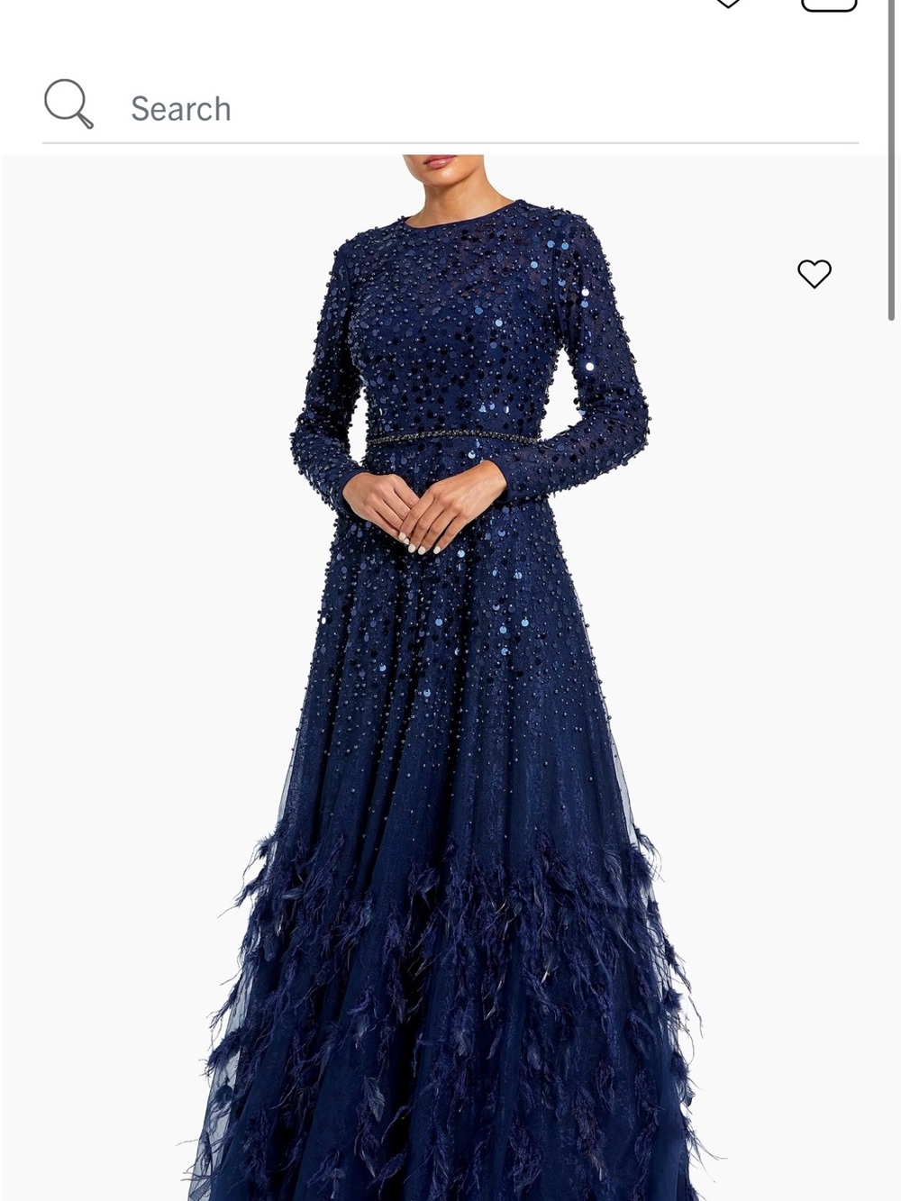 Mac Duggal Navy Beaded Long-Sleeve Feathered Maxi Gown